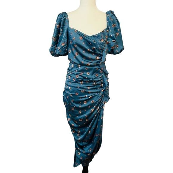 ASTR The Label Elegant Blue Floral Puff Sleeve‎ Fitted Dress Women's Medium - Picture 4 of 12